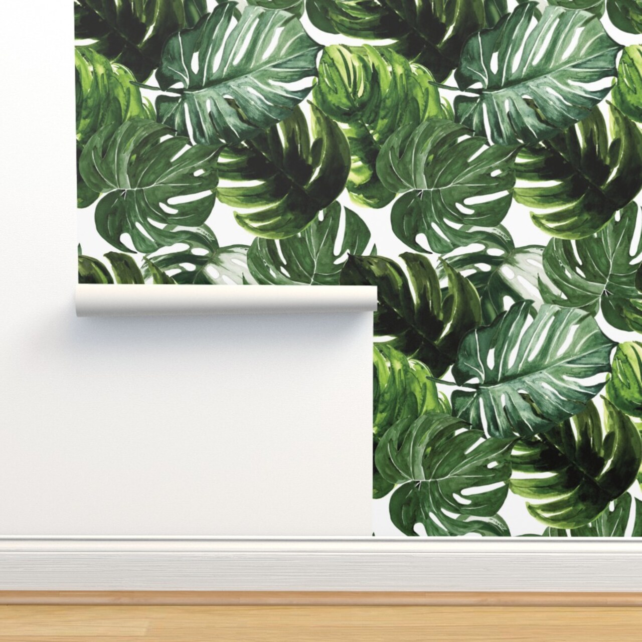 Large Scale Monstera Leaves Tropical Rainforest Jungle Green Leaf Custom Removable Wallpaper by Spoonflower Peel & Stick Wallpaper 2FT Wide